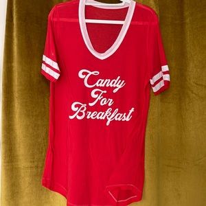 Red & white “candy for breakfast” sleeping shirt-pajama shirt varsity
